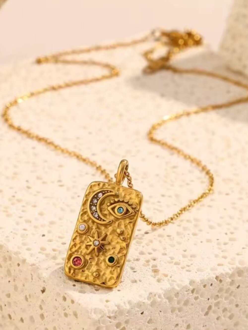 NEW 18K GOLD PLATED “COSMIC LUXE” RECTANGLE PENDANT NECKLACE – MULTICOLOR ASTRAL